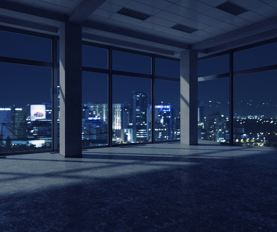 An office at night with the lights switched off